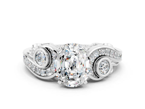 White gold Oval Cut Moissanite Solitaire Ring with Milgrain Pavé Band and Four-Prong Setting_48
