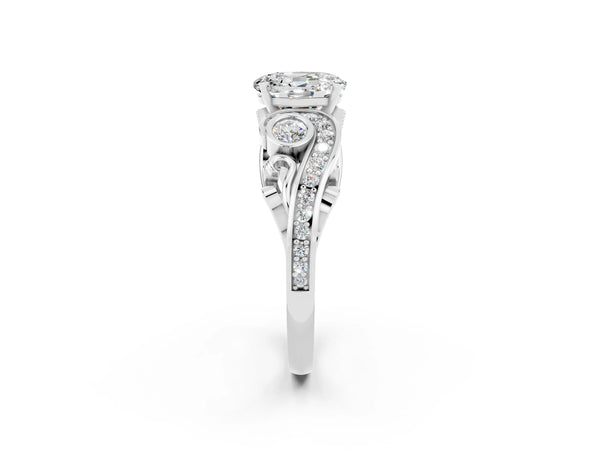 White gold Oval Cut Moissanite Solitaire Ring with Milgrain Pavé Band and Four-Prong Setting