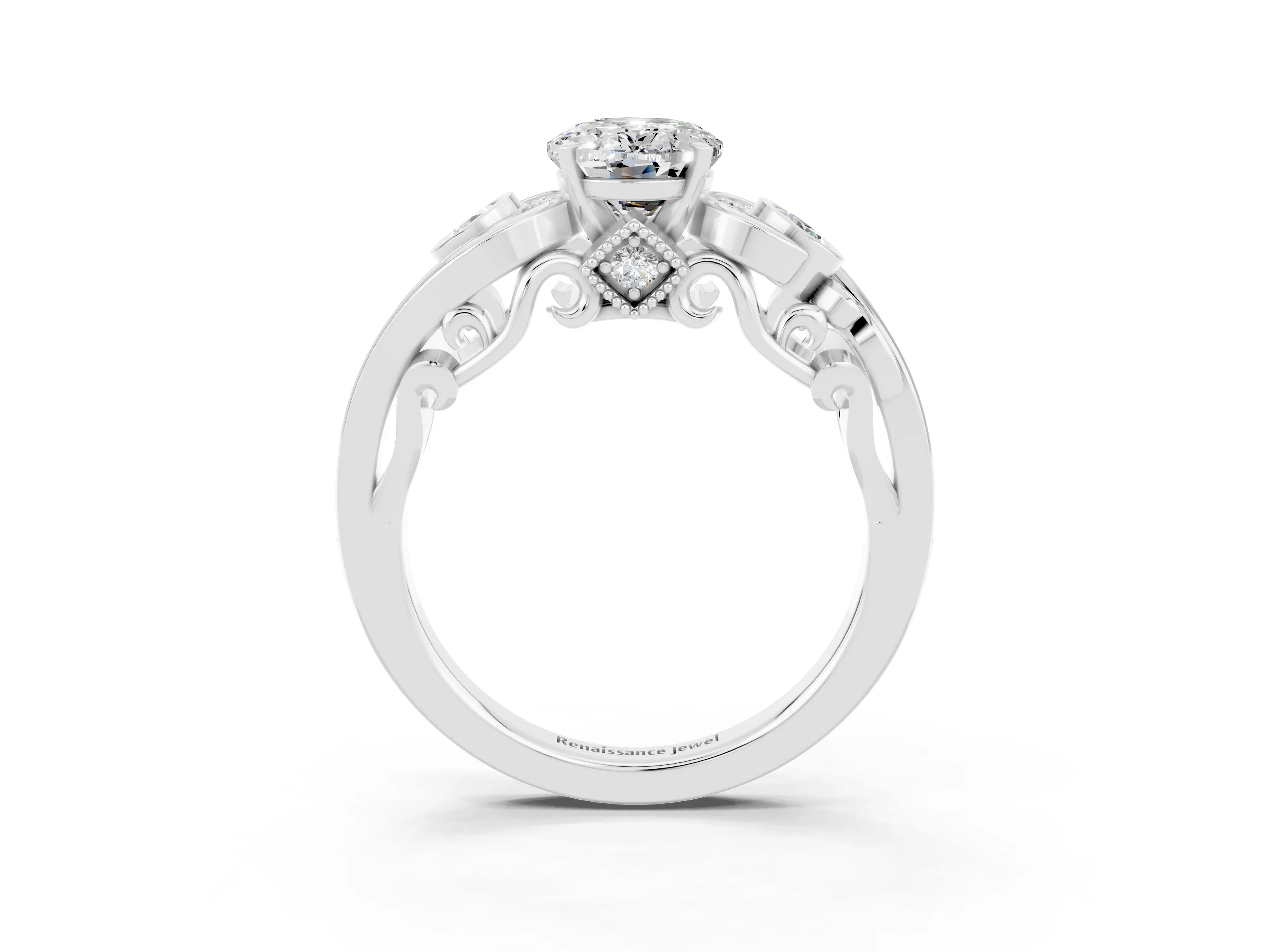 White gold Oval Cut Moissanite Solitaire Ring with Milgrain Pavé Band and Four-Prong Setting_51