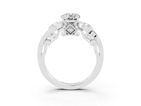 White gold Oval Cut Moissanite Solitaire Ring with Milgrain Pavé Band and Four-Prong Setting