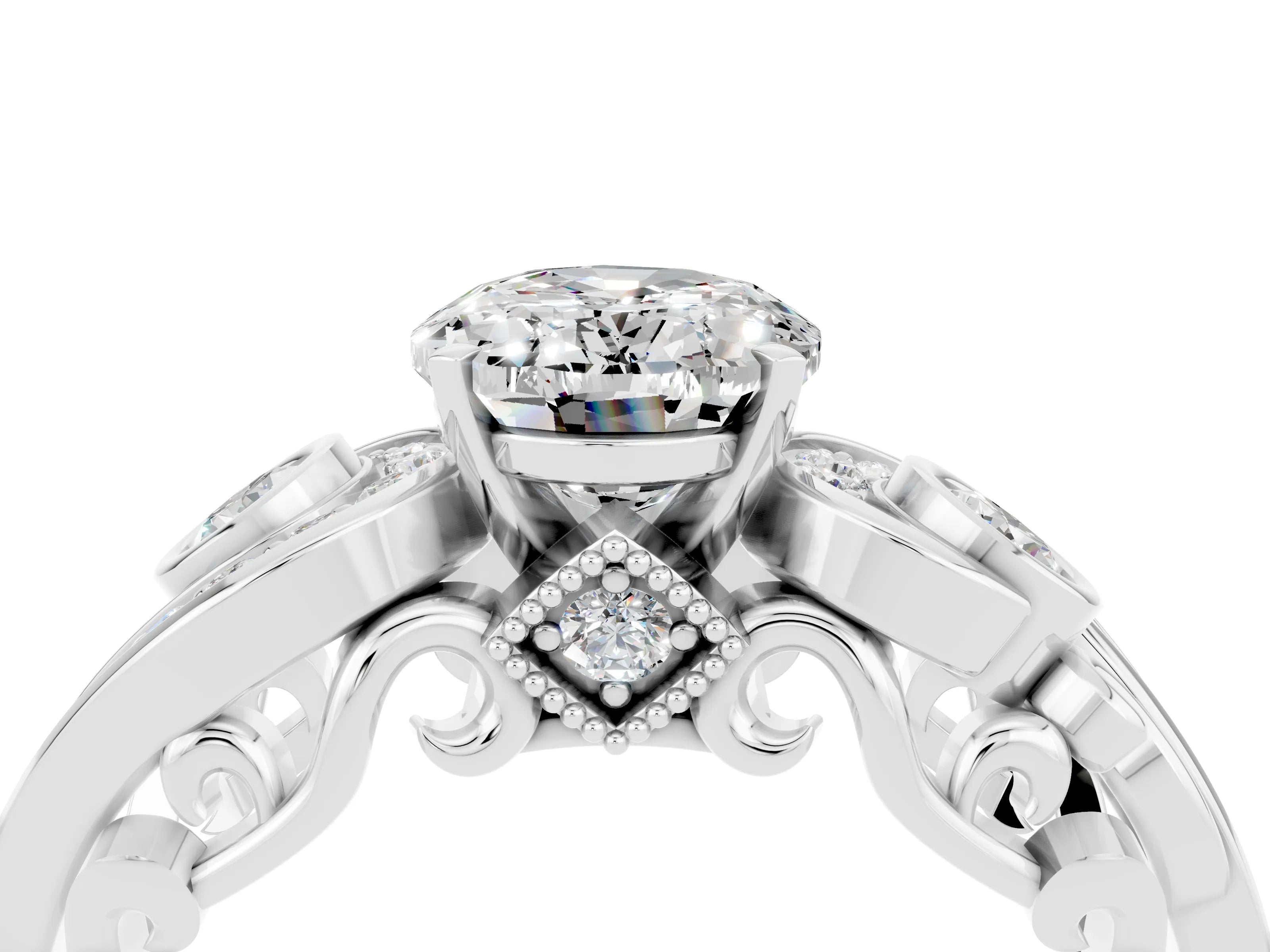 White gold Oval Cut Moissanite Solitaire Ring with Milgrain Pavé Band and Four-Prong Setting_52