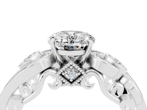White gold Oval Cut Moissanite Solitaire Ring with Milgrain Pavé Band and Four-Prong Setting_52