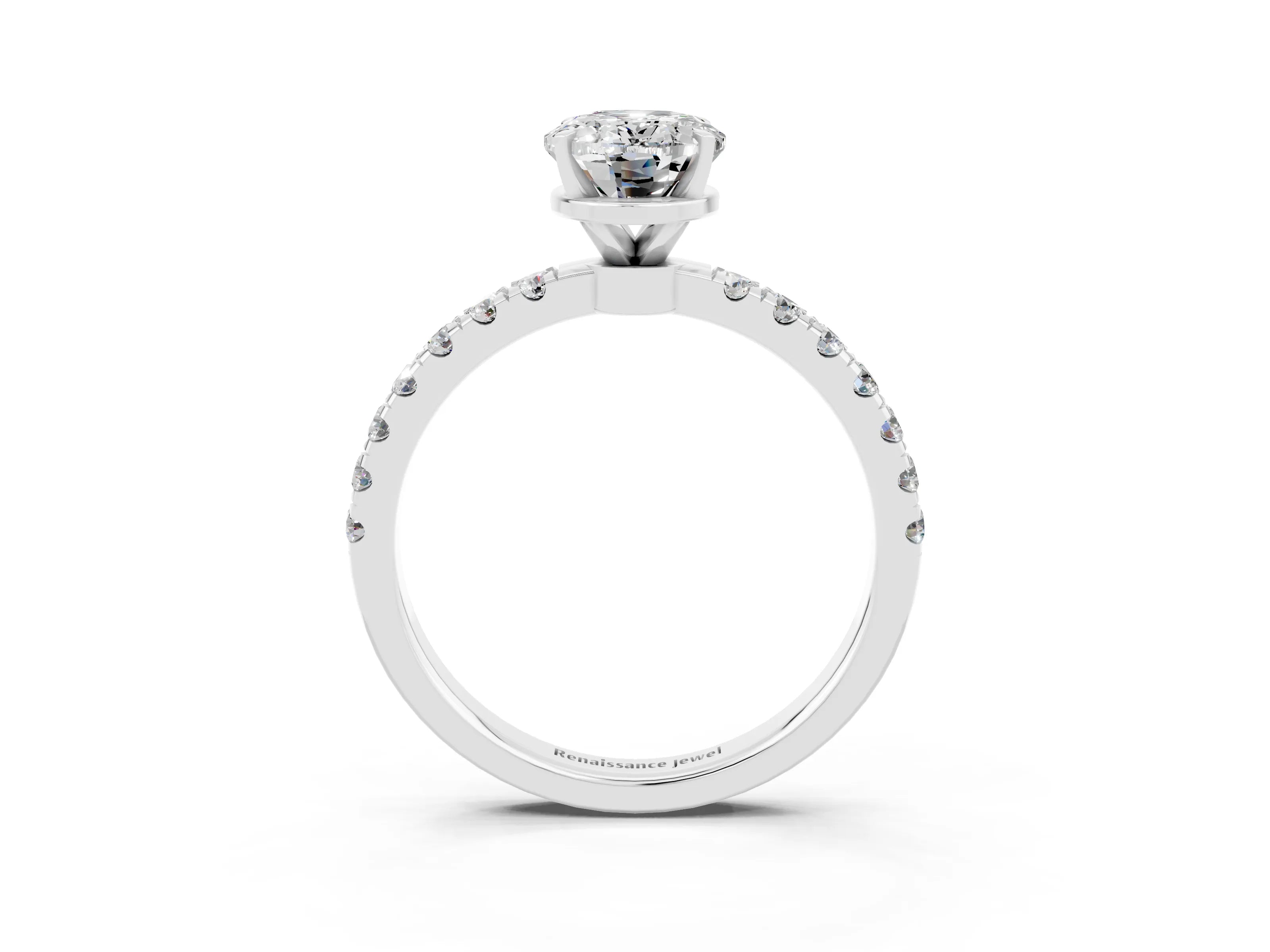 White gold Oval Cut Moissanite Solitaire Ring with Pavé Accents and Four-Prong Setting_3