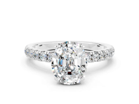 White gold Oval Cut Moissanite Solitaire Ring with Pavé Accents and Four-Prong Setting