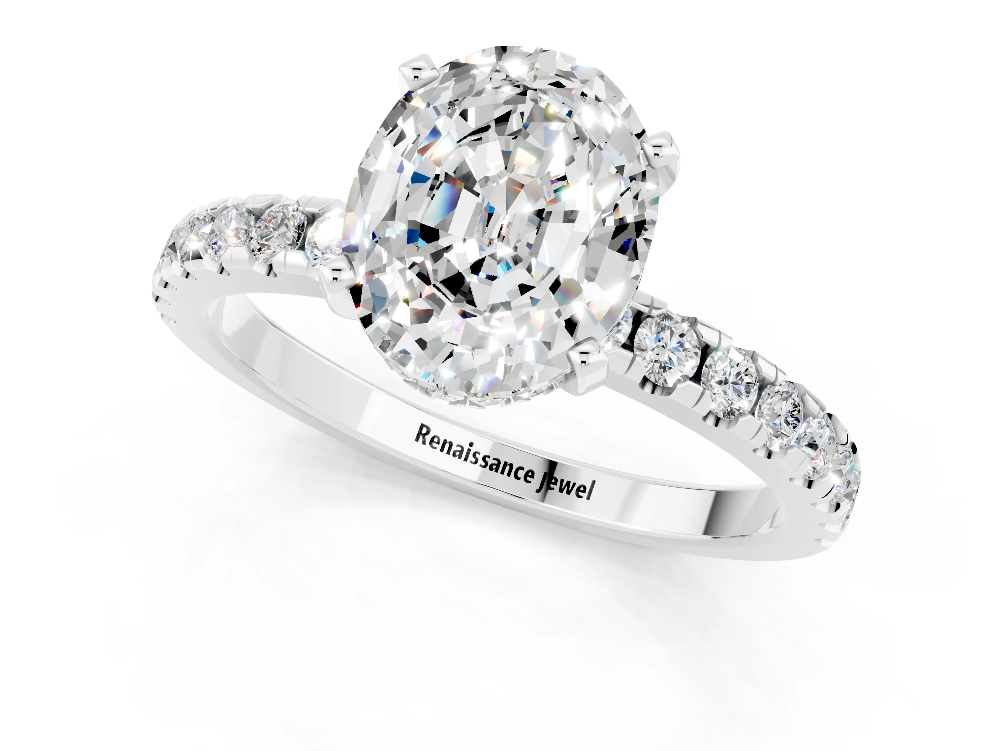 White gold Oval Cut Moissanite Solitaire Ring with Pavé Band and Four-Prong Setting_25