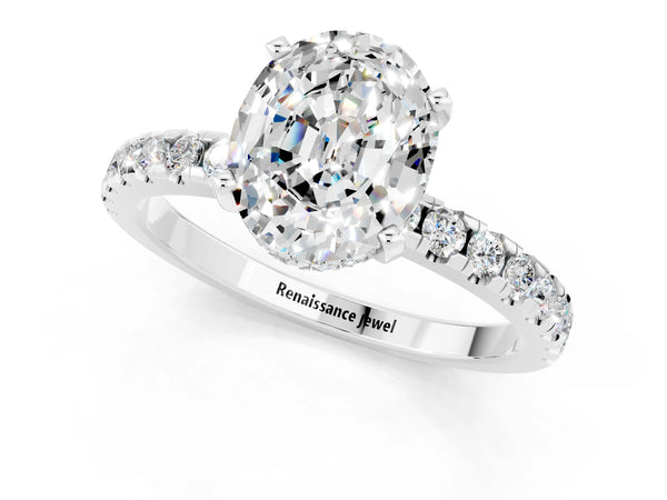 Silver Oval Cut Moissanite Solitaire Ring with Round  Pavé Band and Four-Prong Setting