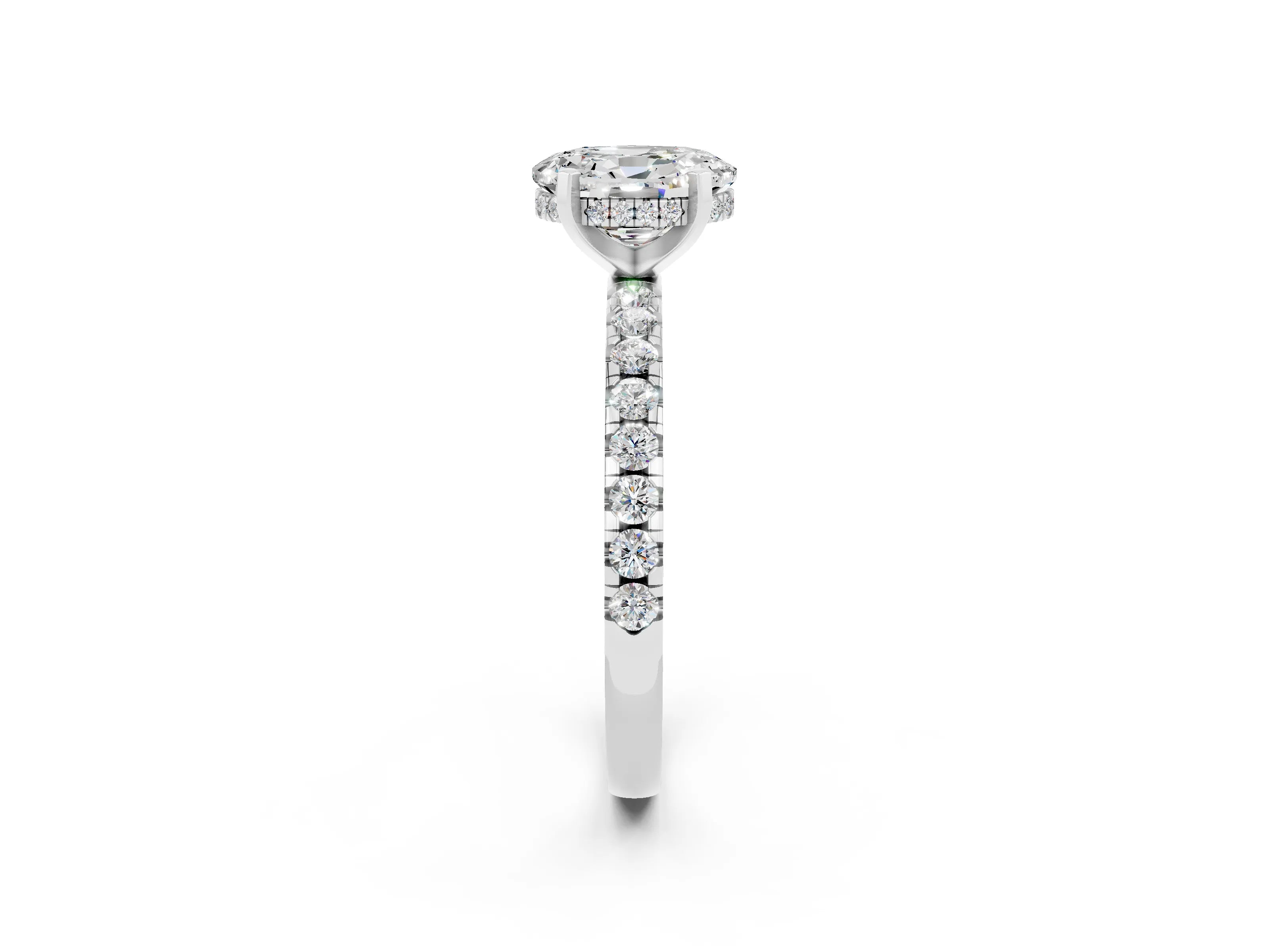 White gold Oval Cut Moissanite Solitaire Ring with Pavé Band and Four-Prong Setting_26