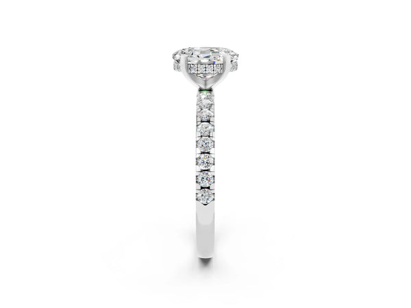Silver Oval Cut Moissanite Solitaire Ring with Round  Pavé Band and Four-Prong Setting