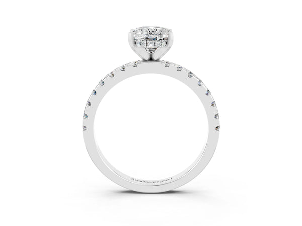 White gold Oval Cut Moissanite Solitaire Ring with Round  Pavé Band and Four-Prong Setting