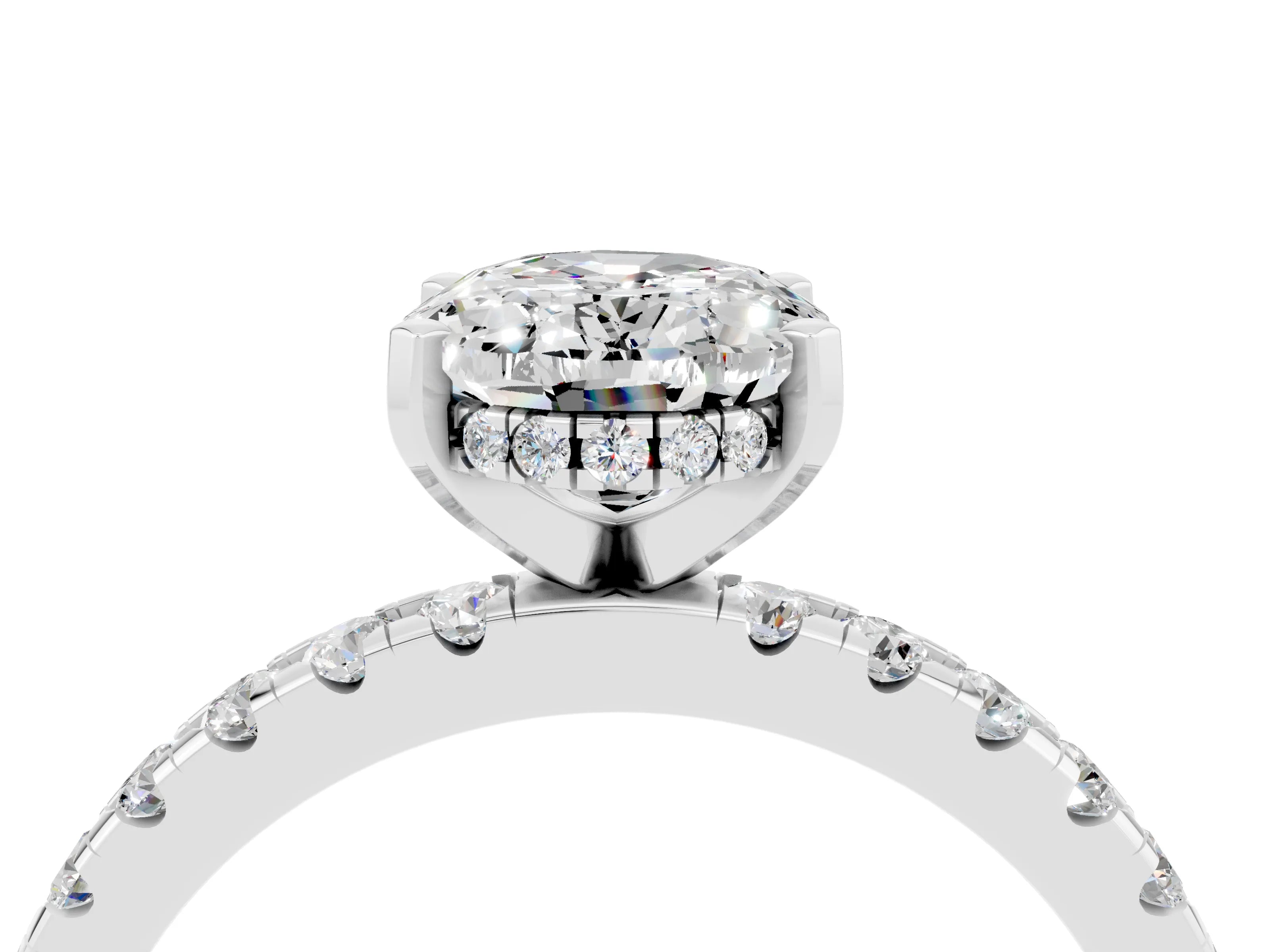 White gold Oval Cut Moissanite Solitaire Ring with Pavé Band and Four-Prong Setting_28