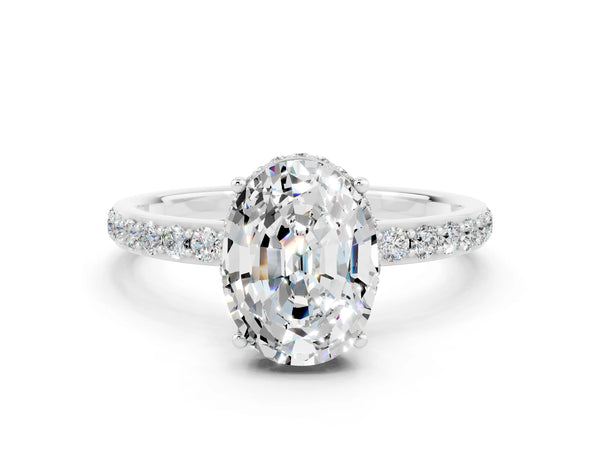 White gold Oval Cut Moissanite Solitaire Ring with Pavé Band and Hidden Halo
