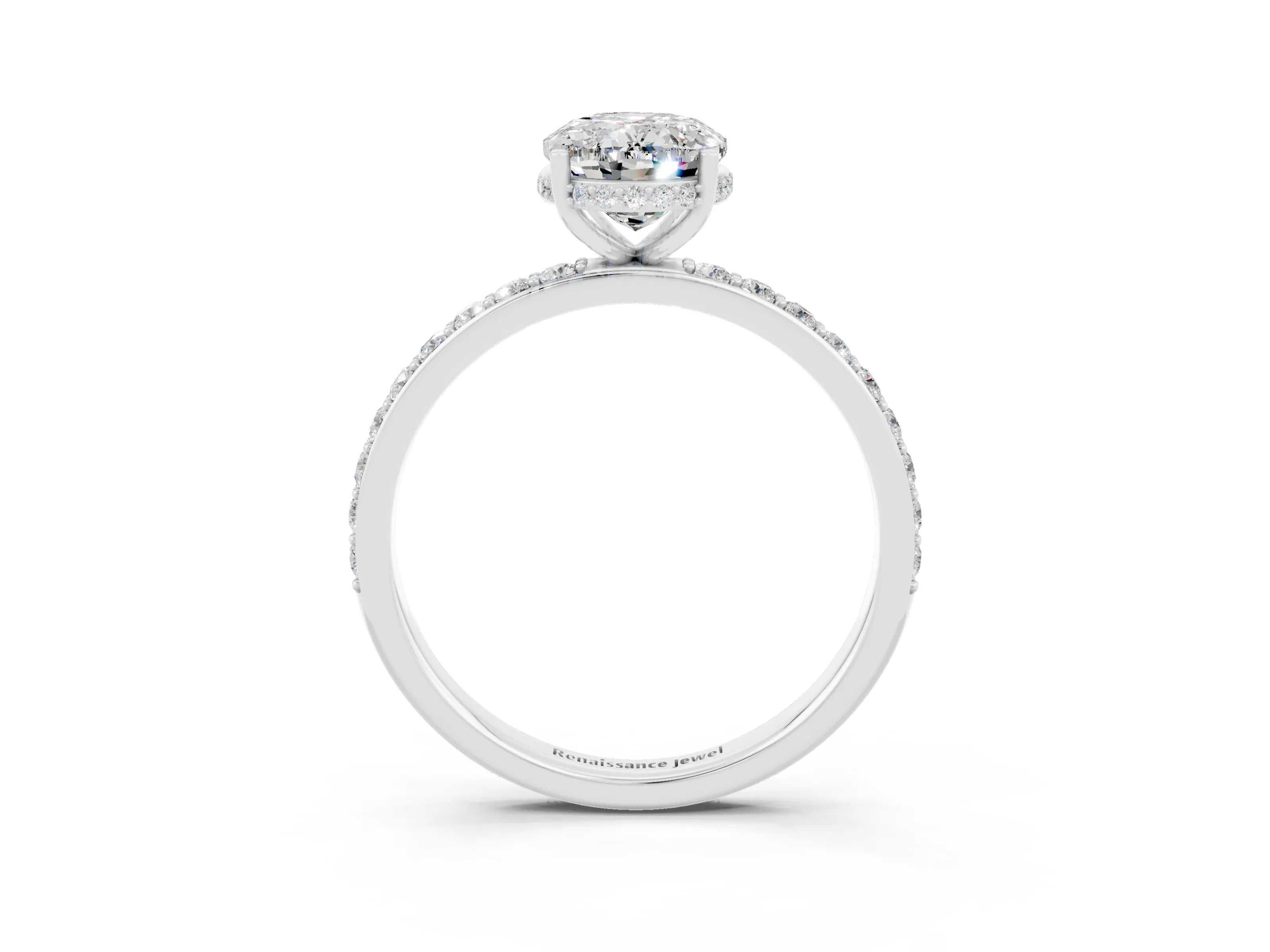 White gold Oval Cut Moissanite Solitaire Ring with Pavé Band and Hidden Halo_15