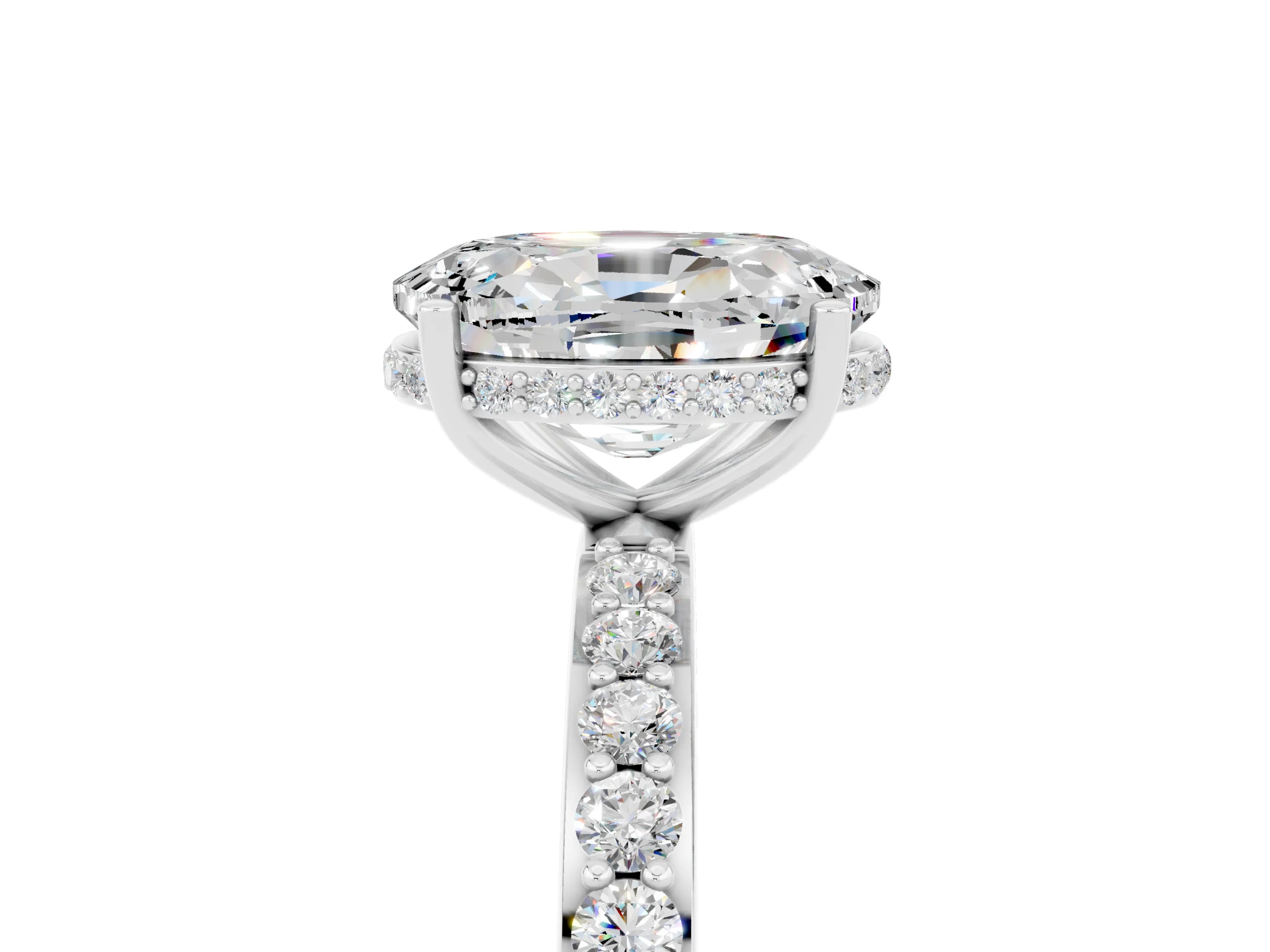 White gold Oval Cut Moissanite Solitaire Ring with Pavé Band and Hidden Halo_17