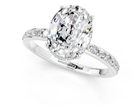 White gold Oval Cut Moissanite Solitaire Ring with Pavé Band and Hidden Halo_1