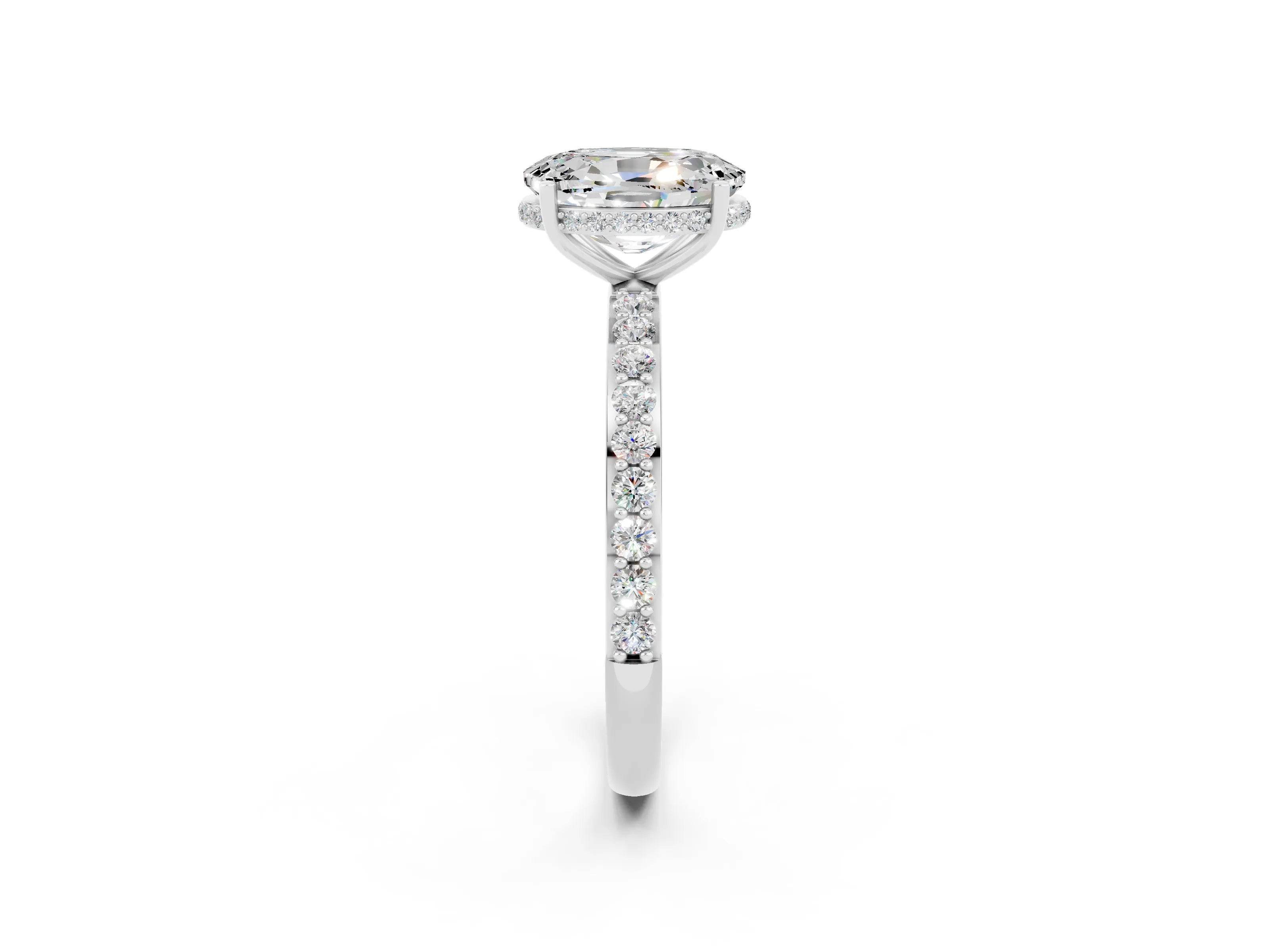 White gold Oval Cut Moissanite Solitaire Ring with Pavé Band and Hidden Halo_2