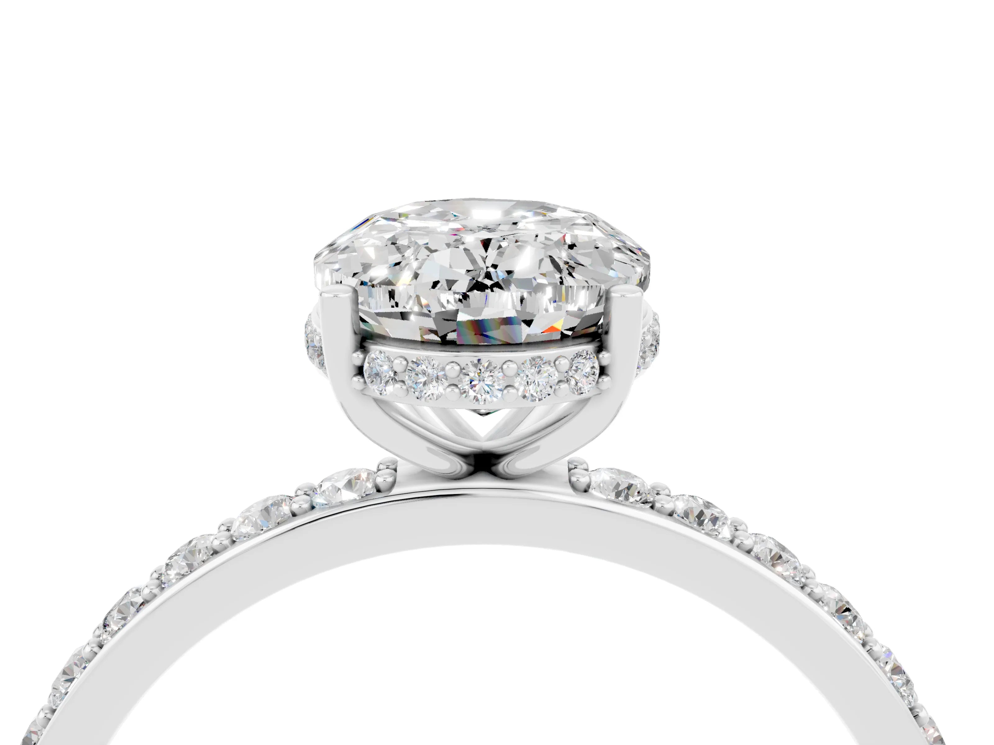 White gold Oval Cut Moissanite Solitaire Ring with Pavé Band and Hidden Halo_4