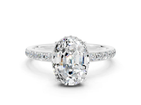 White gold Oval Cut Moissanite Solitaire Ring with Pavé Band and Hidden Halo