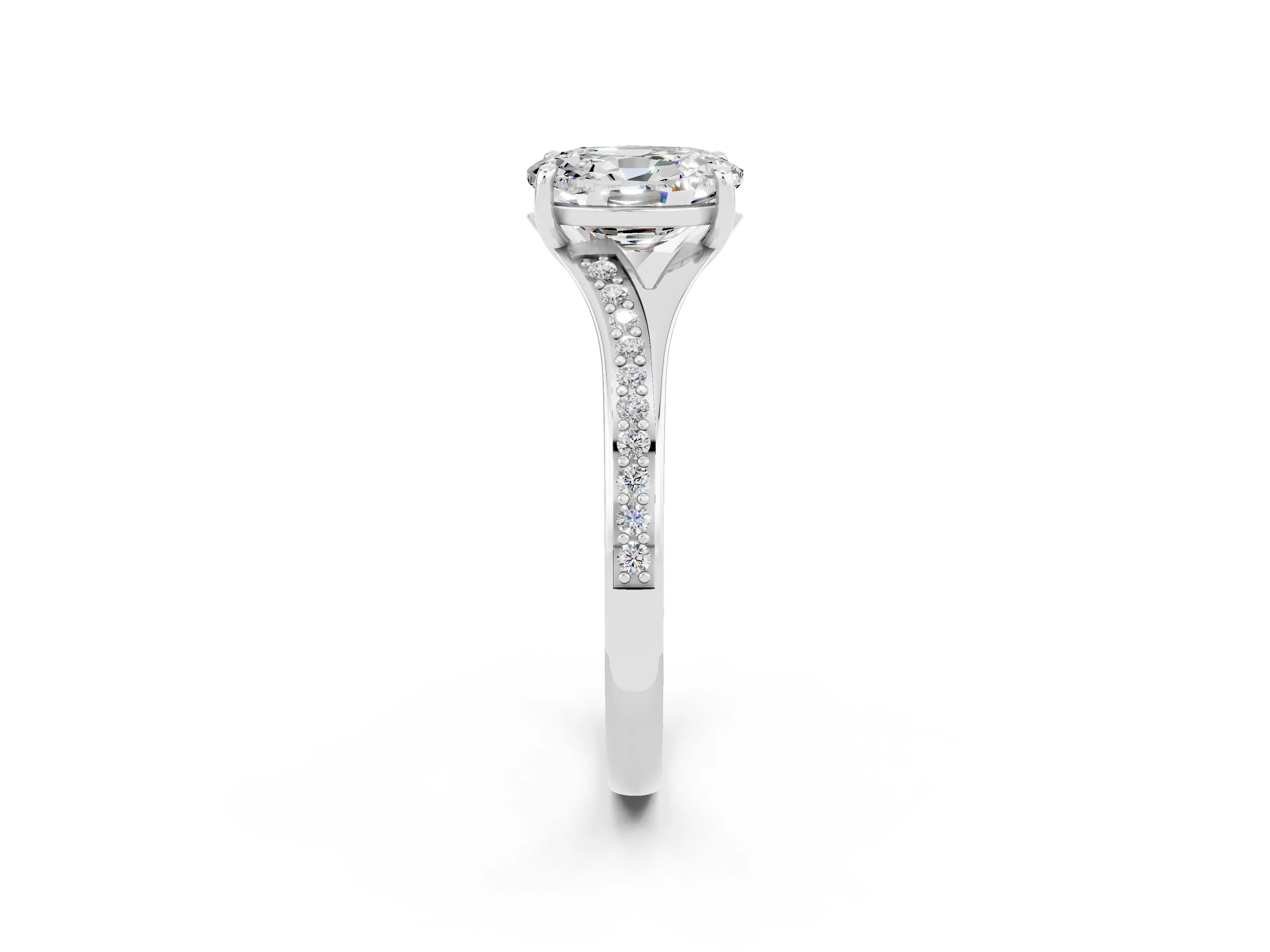 White gold Oval Cut Moissanite Solitaire Ring with Pavé Band and Prong Setting_14