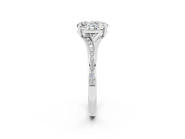 Platinum Oval Cut Moissanite Solitaire Ring with Pavé Band and Prong Setting