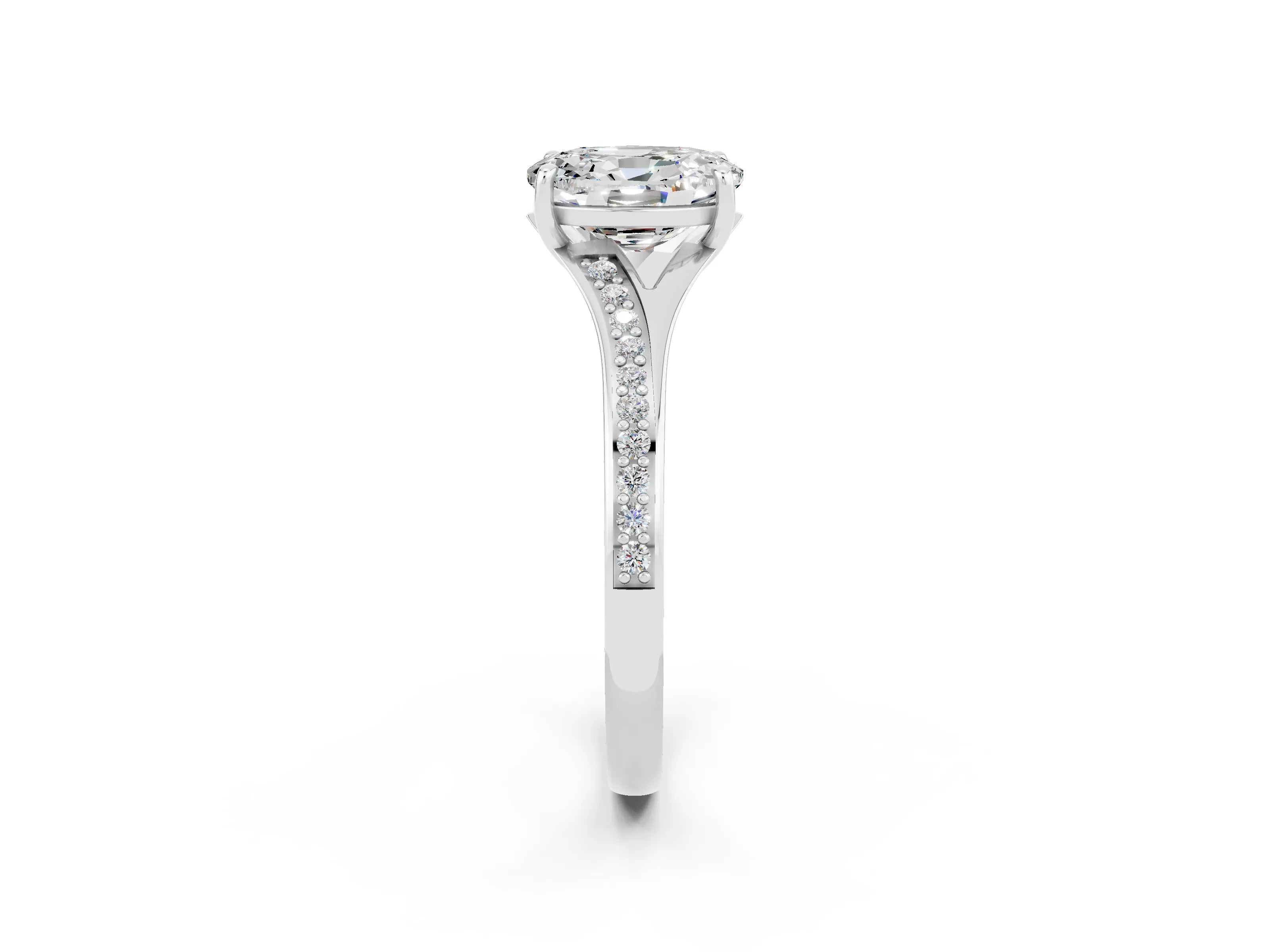 White gold Oval Cut Moissanite Solitaire Ring with Pavé Band and Prong Setting_2