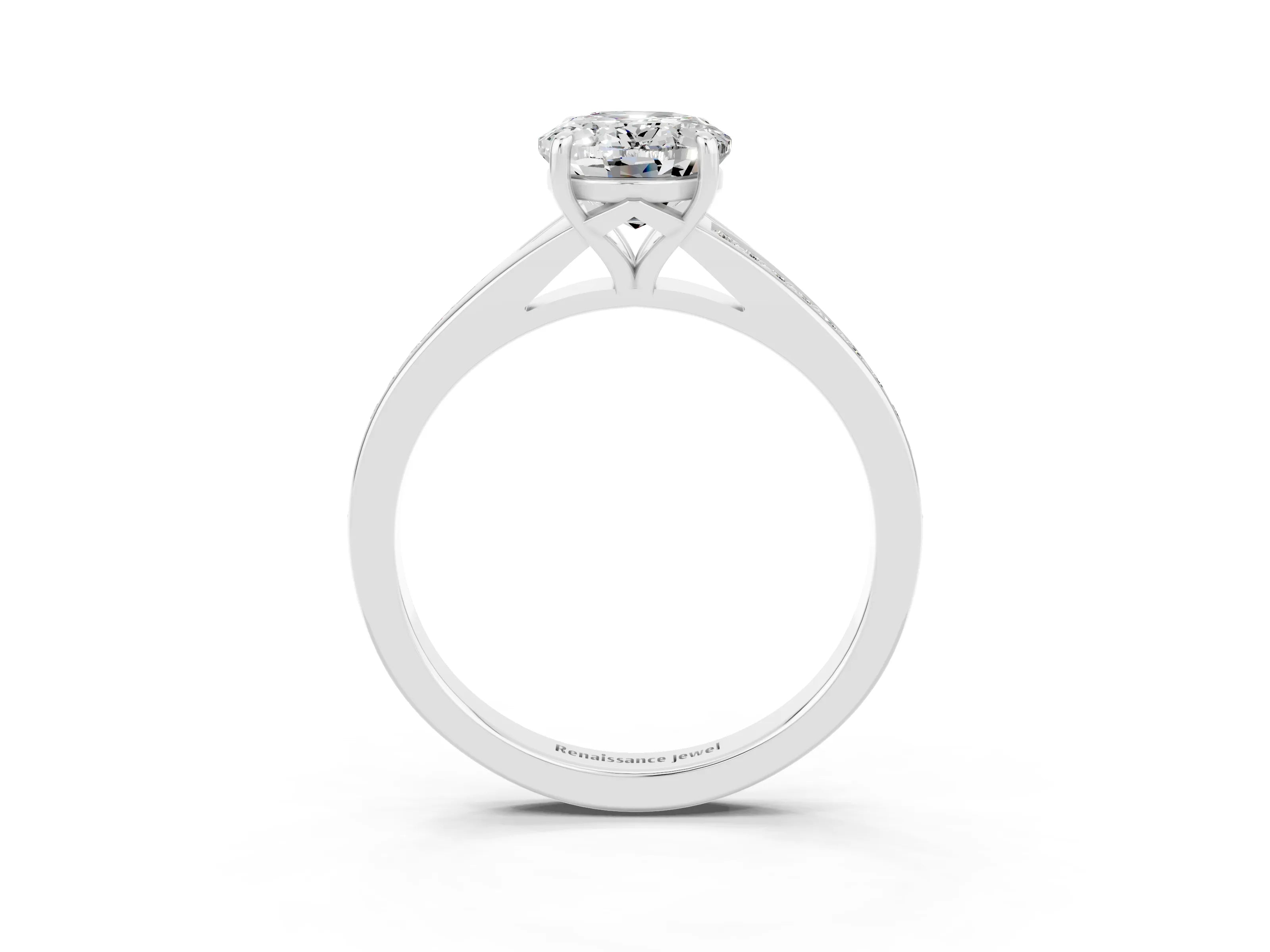 White gold Oval Cut Moissanite Solitaire Ring with Pavé Band and Prong Setting_3
