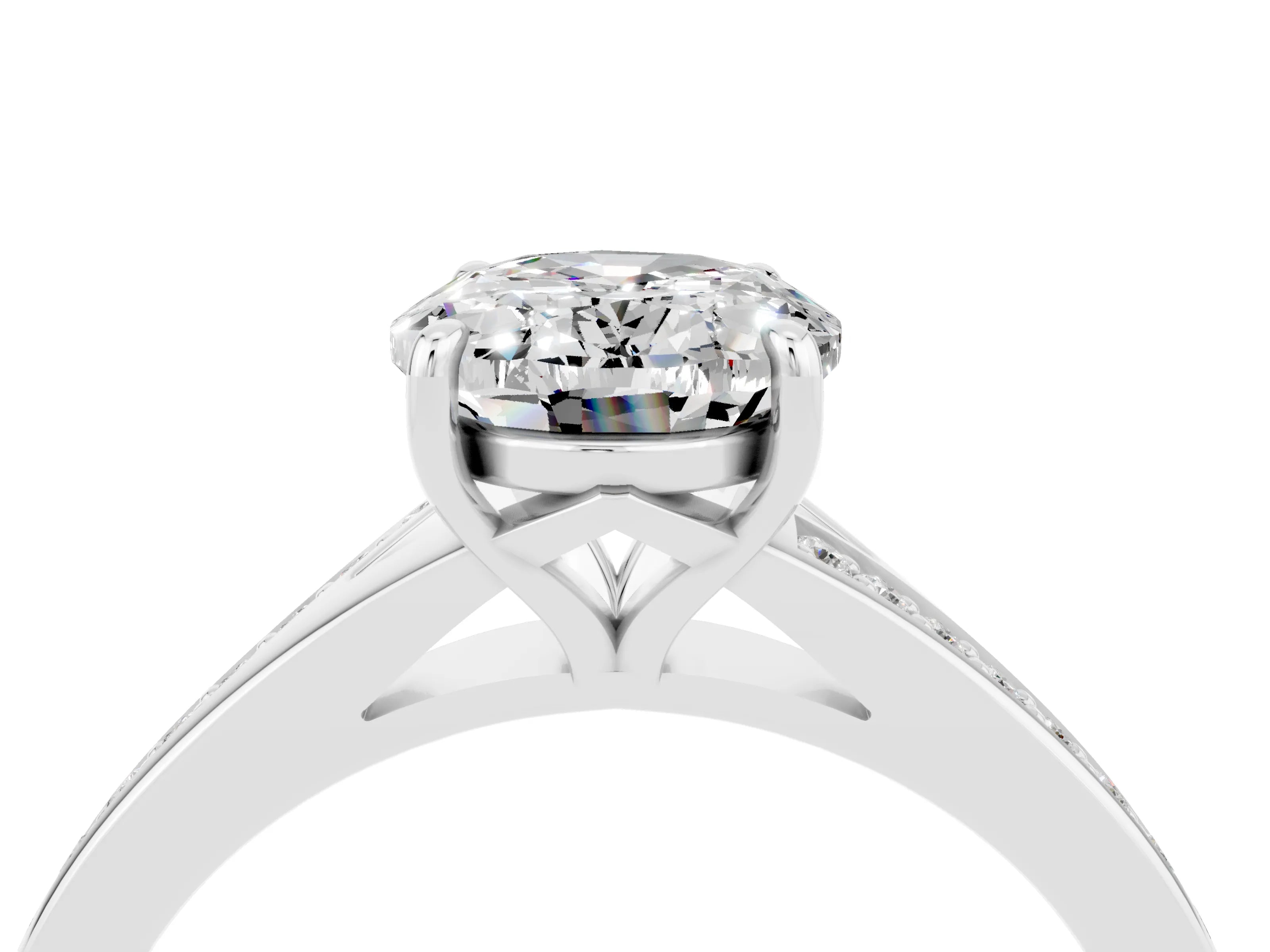 White gold Oval Cut Moissanite Solitaire Ring with Pavé Band and Prong Setting_4