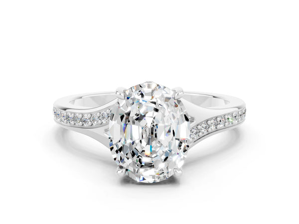 White gold Oval Cut Moissanite Solitaire Ring with Pavé Band and Prong Setting