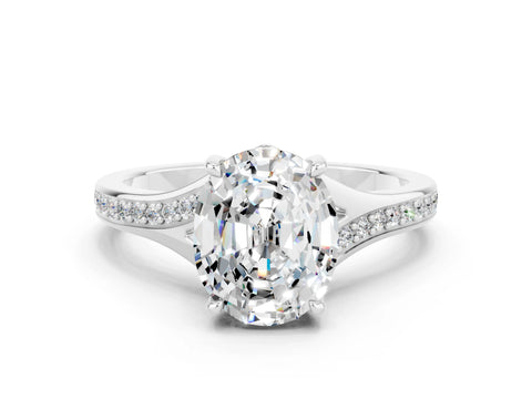 White gold Oval Cut Moissanite Solitaire Ring with Pavé Band and Prong Setting