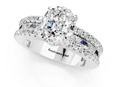 White gold Oval Cut Moissanite Solitaire Ring with Pavé and Channel Set Band_1