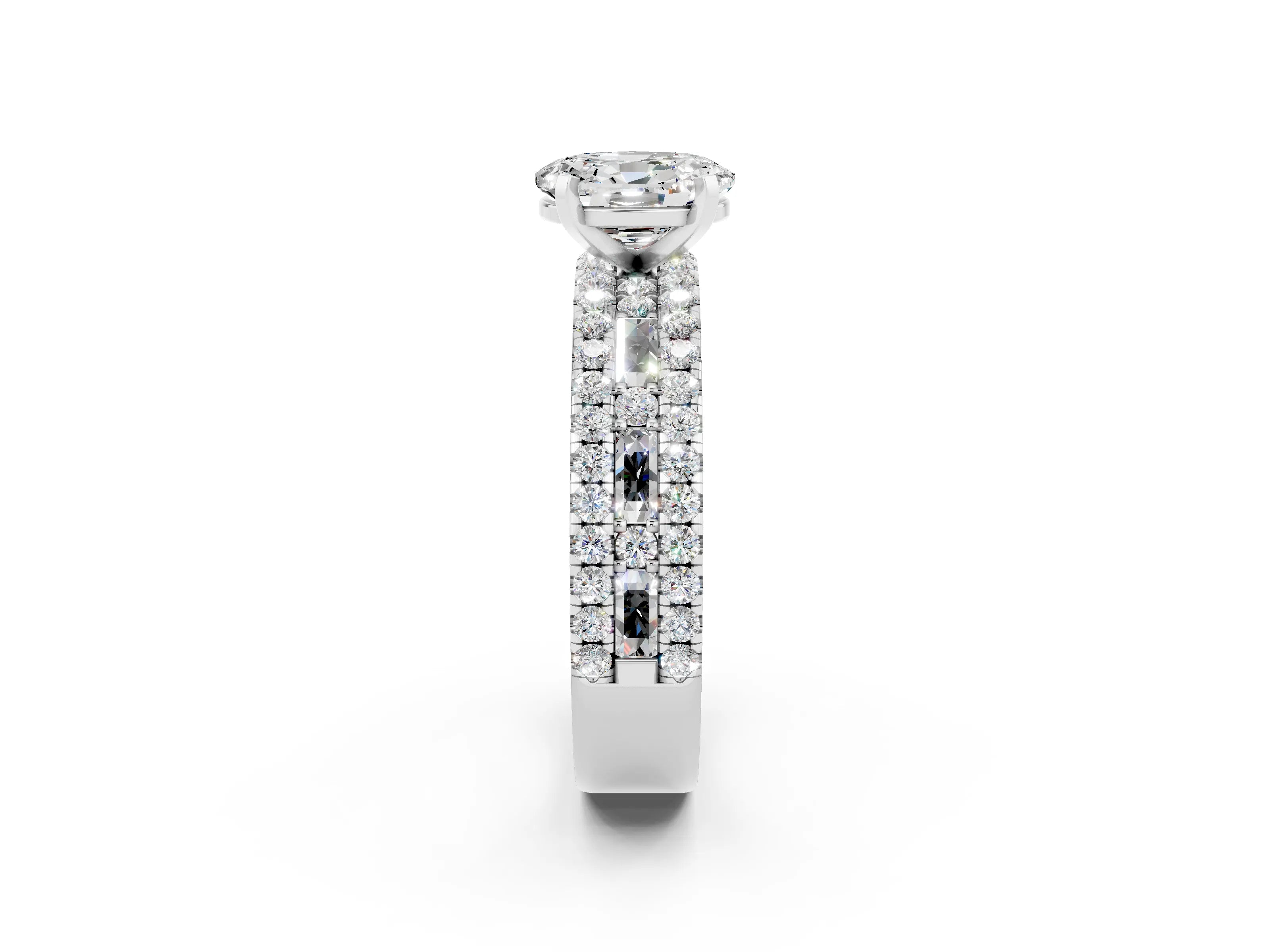 White gold Oval Cut Moissanite Solitaire Ring with Pavé and Channel Set Band_2