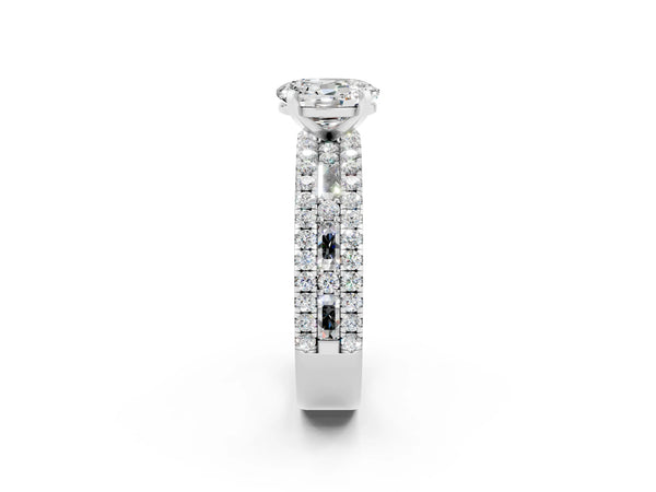 White gold Oval Cut Moissanite Solitaire Ring with Pavé and Channel Set Band