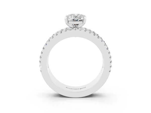 Silver Oval Cut Moissanite Solitaire Ring with Pavé and Channel Set Band
