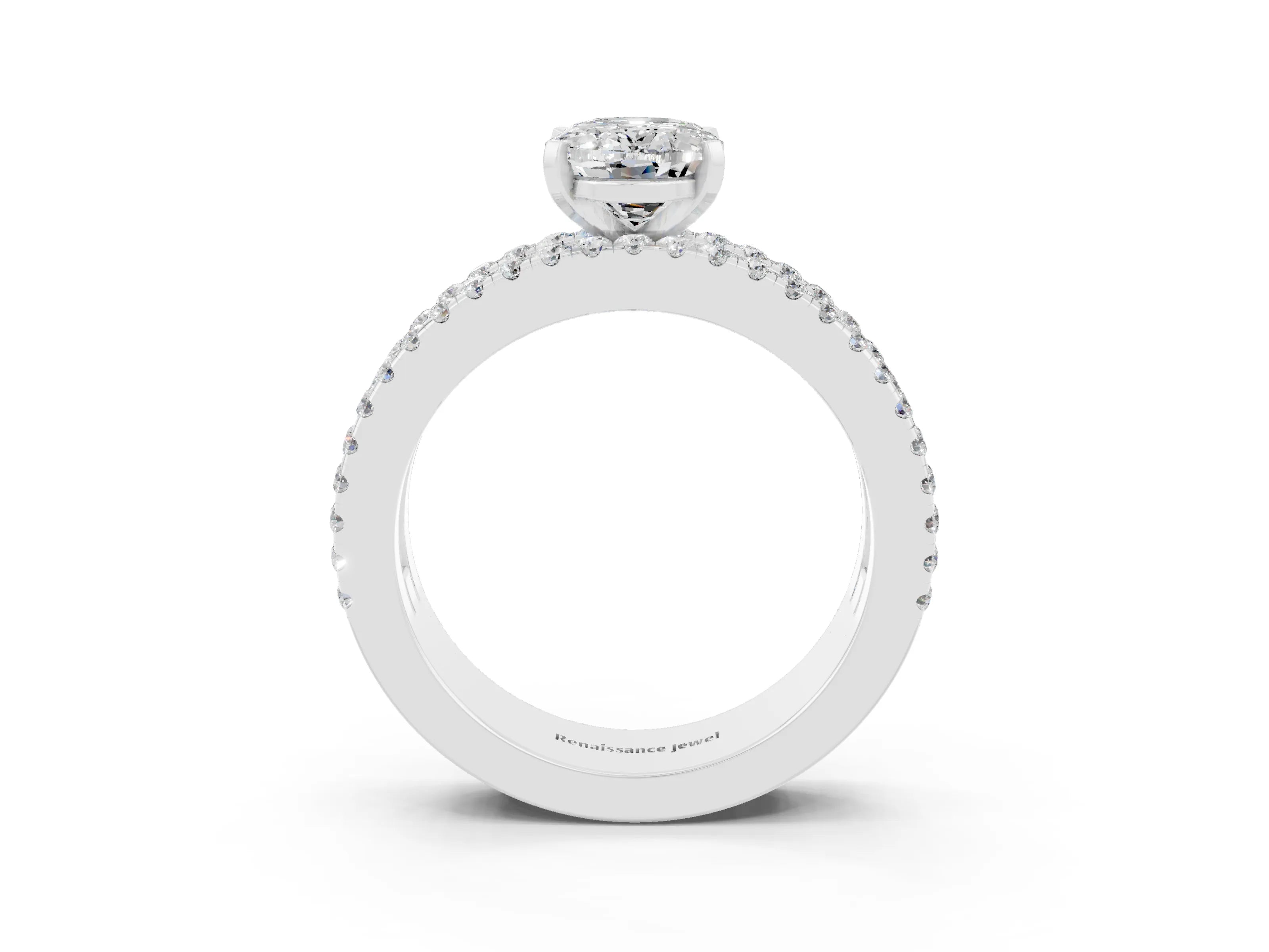 White gold Oval Cut Moissanite Solitaire Ring with Pavé and Channel Set Band_3