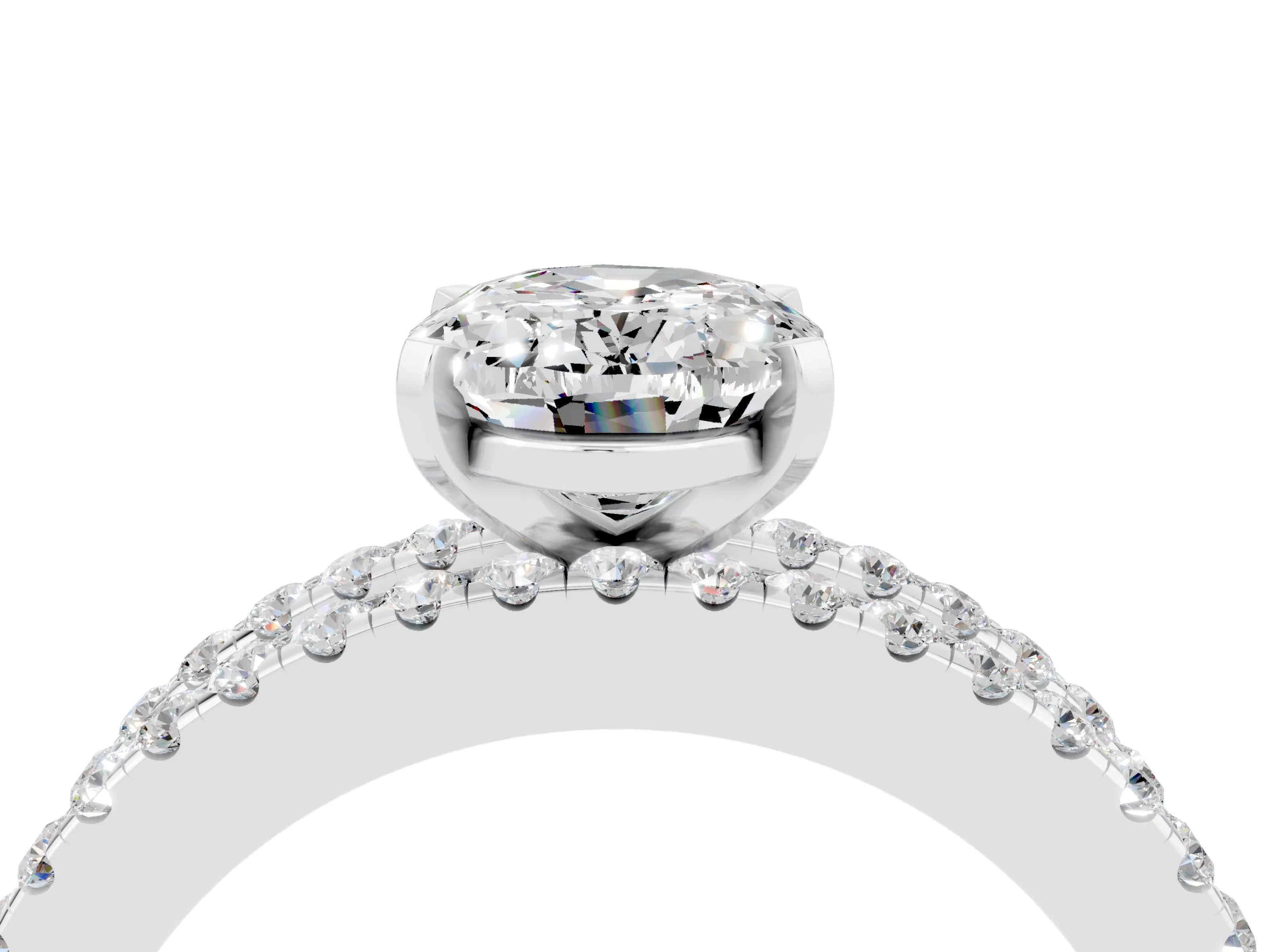 White gold Oval Cut Moissanite Solitaire Ring with Pavé and Channel Set Band_4