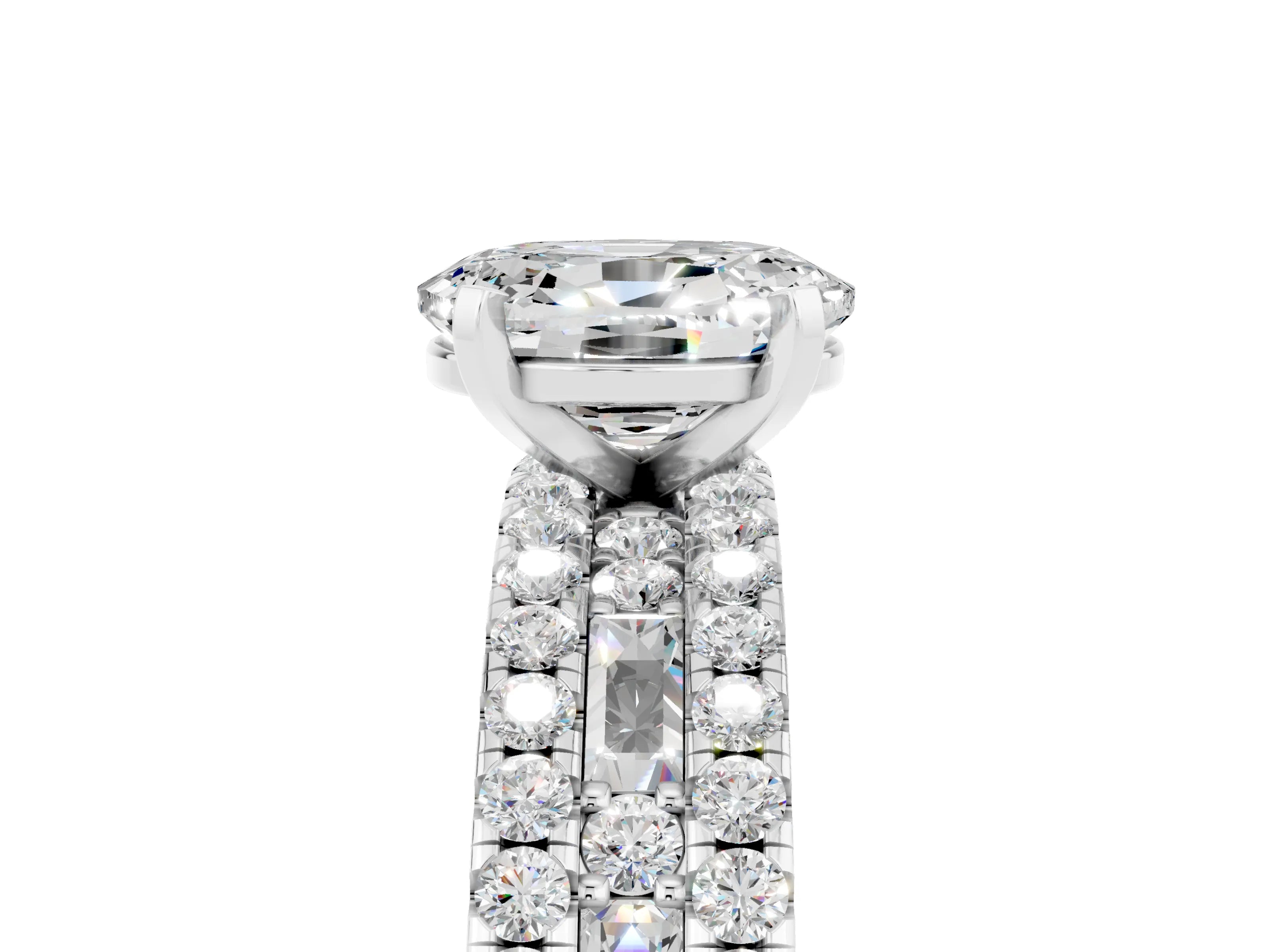 White gold Oval Cut Moissanite Solitaire Ring with Pavé and Channel Set Band_5