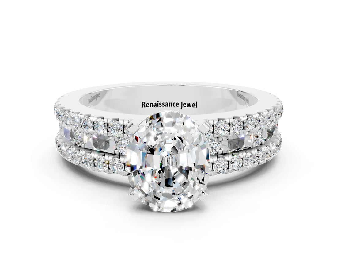 White gold Oval Cut Moissanite Solitaire Ring with Pavé and Channel Set Band