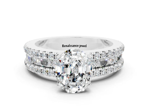 White gold Oval Cut Moissanite Solitaire Ring with Pavé and Channel Set Band