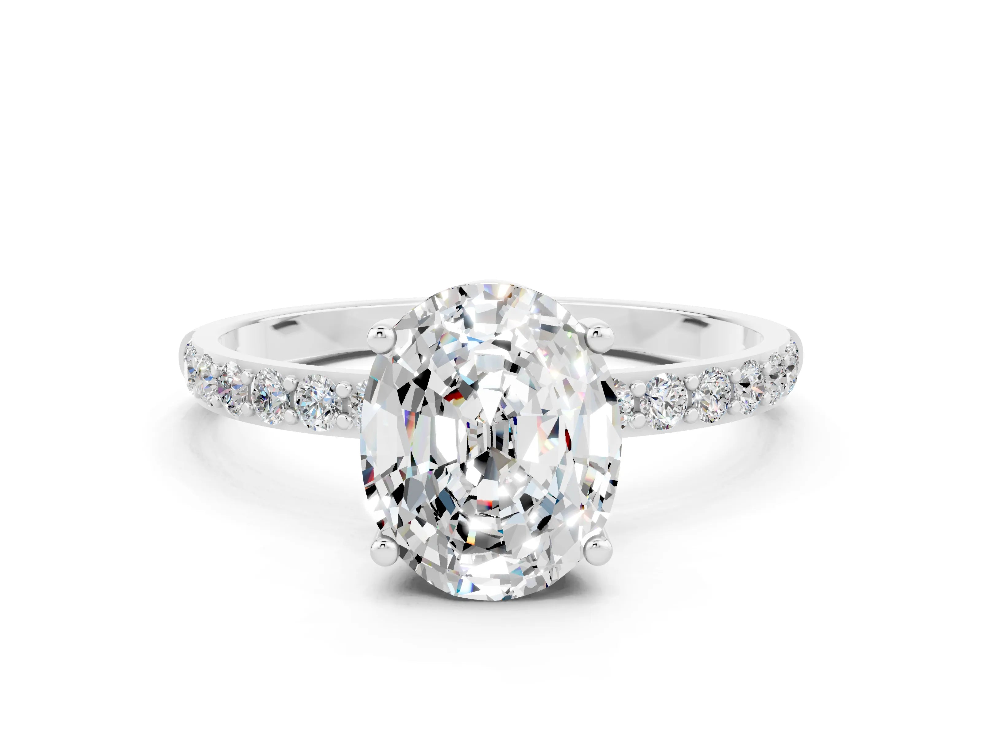 White gold Oval Cut Moissanite Solitaire Ring with Pave Band and Four Prong Setting_12