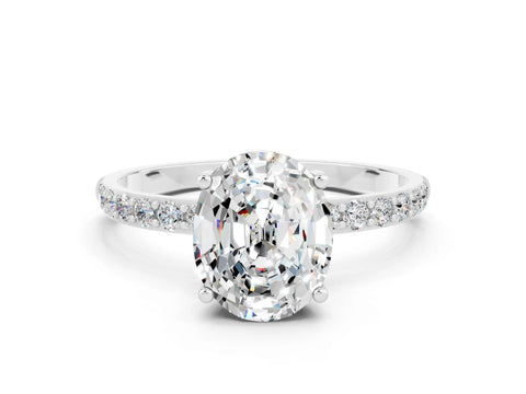 White gold Oval Cut Moissanite Solitaire Ring with Pave Band and Four Prong Setting_12