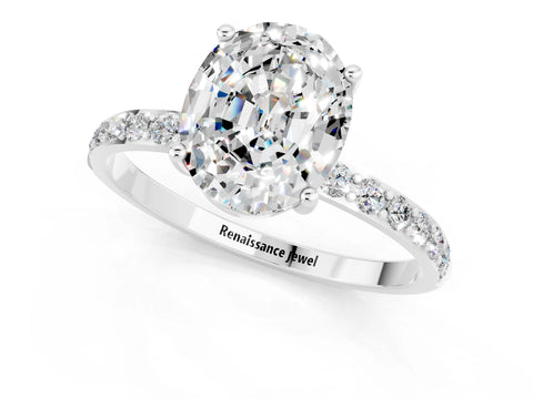 White gold Oval Cut Moissanite Solitaire Ring with Pave Band and Four Prong Setting_13