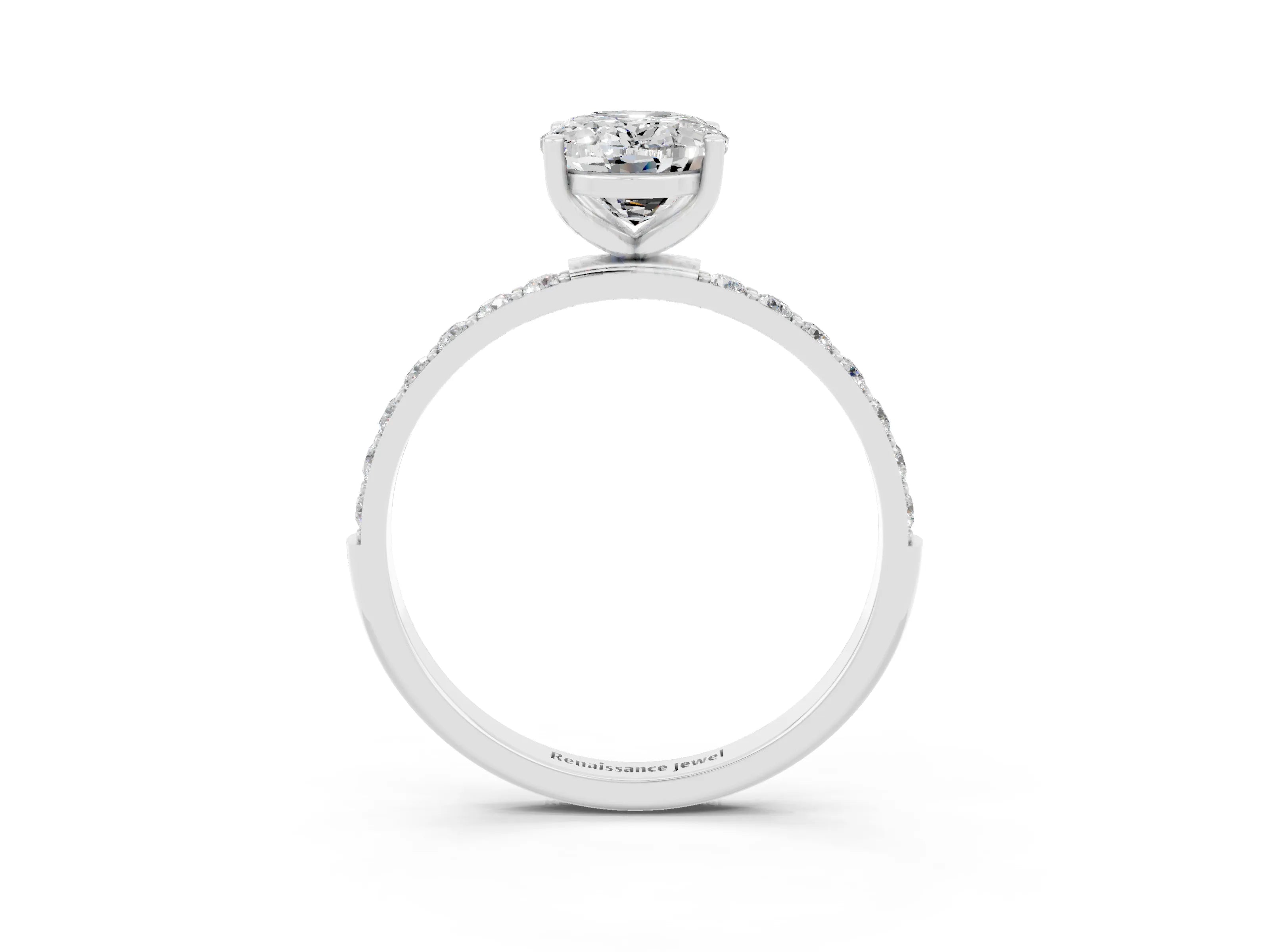 White gold Oval Cut Moissanite Solitaire Ring with Pave Band and Four Prong Setting_15