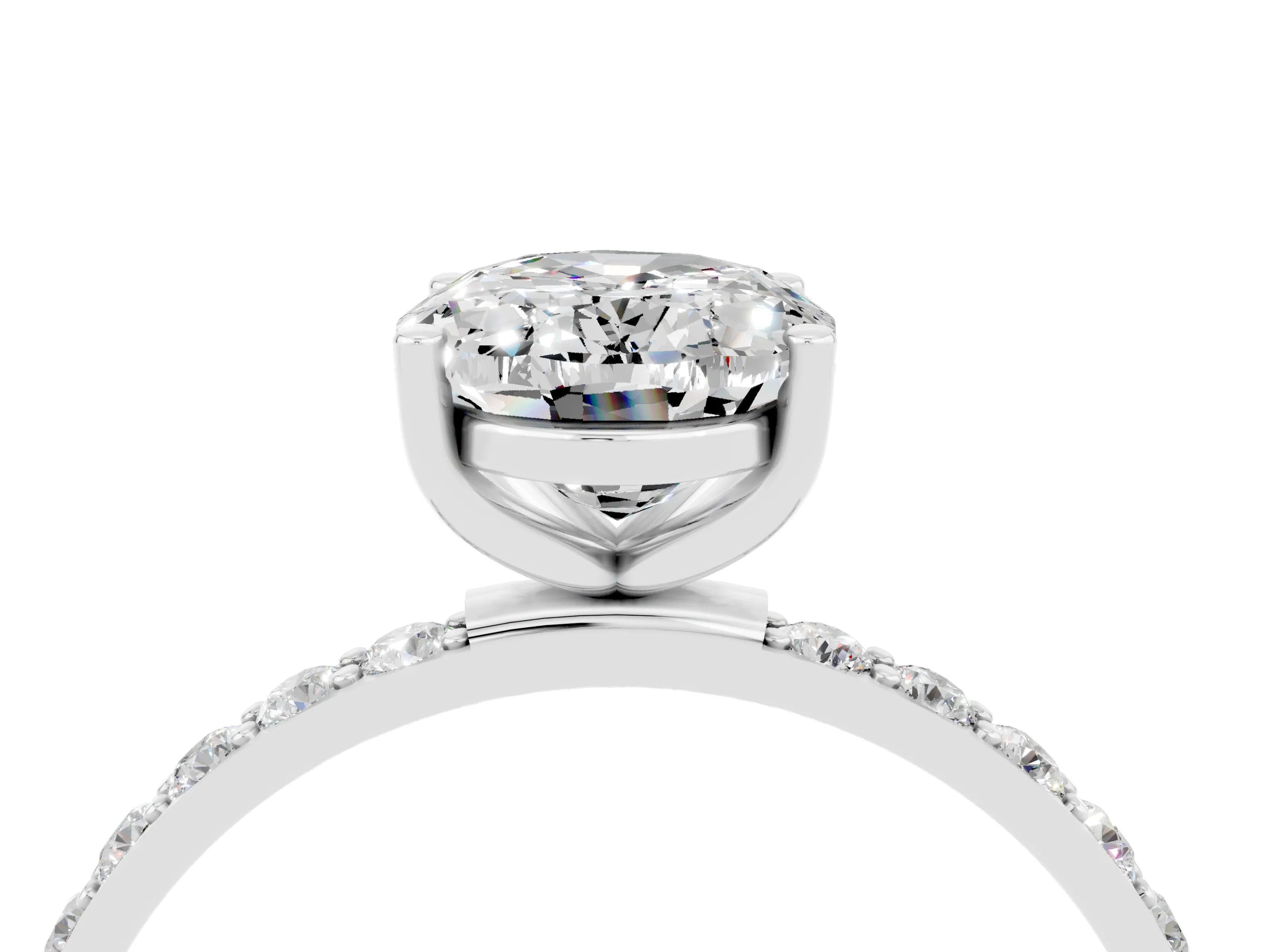 White gold Oval Cut Moissanite Solitaire Ring with Pave Band and Four Prong Setting_16