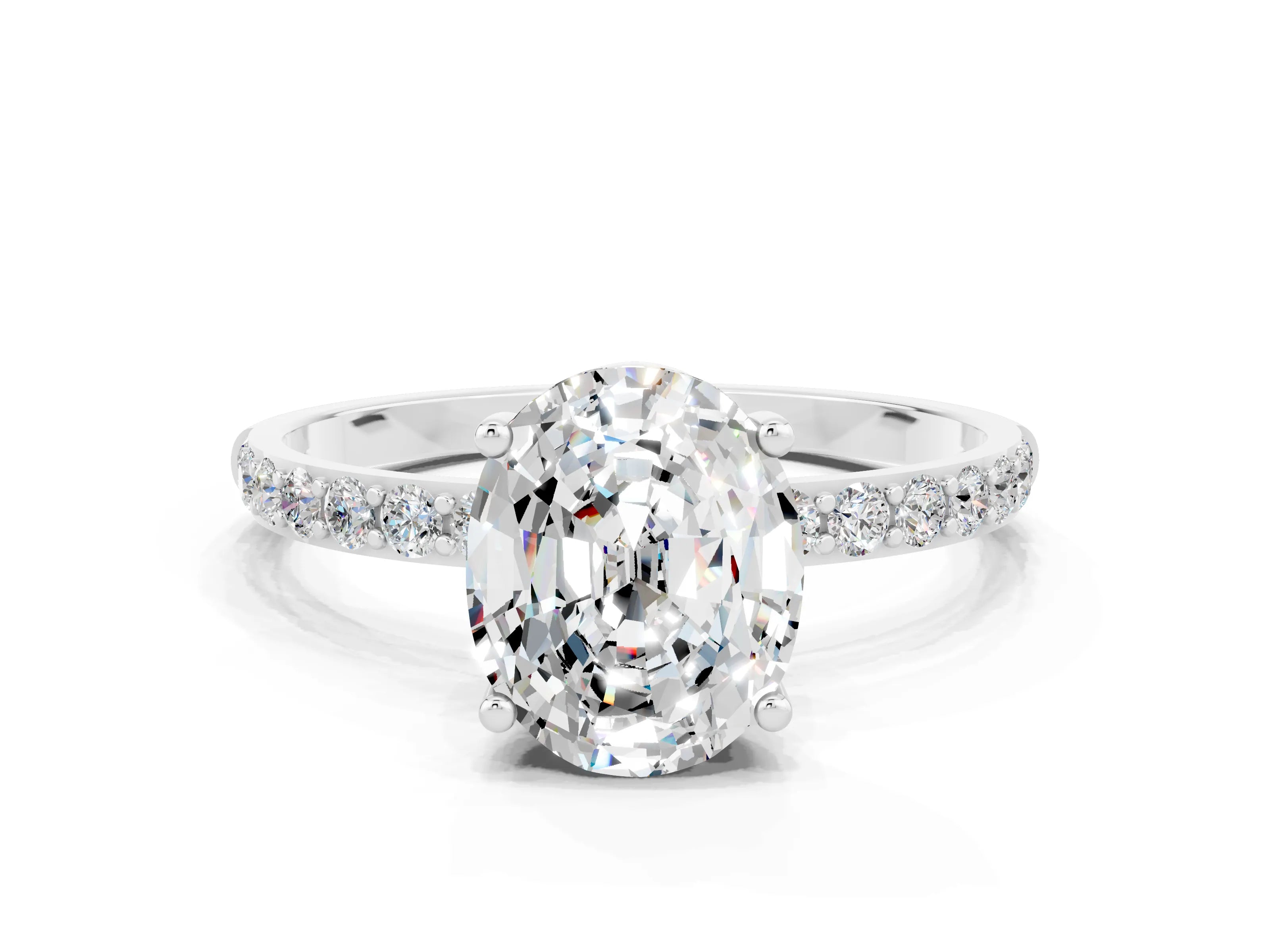White gold Oval Cut Moissanite Solitaire Ring with Pave Band and Four Prong Setting_24