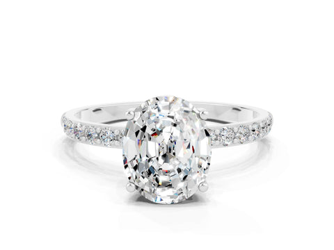 White gold Oval Cut Moissanite Solitaire Ring with Pave Band and Four Prong Setting_24
