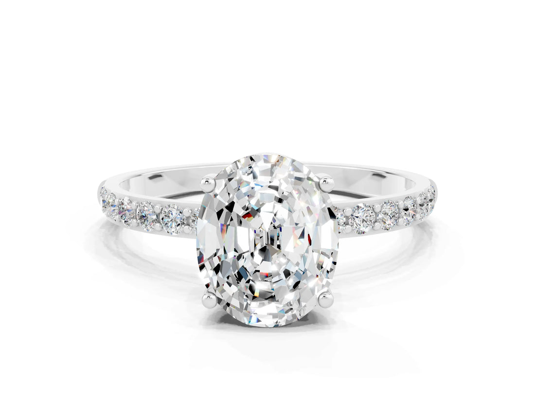 White gold Oval Cut Moissanite Solitaire Ring with Pave Band and Four Prong Setting_24