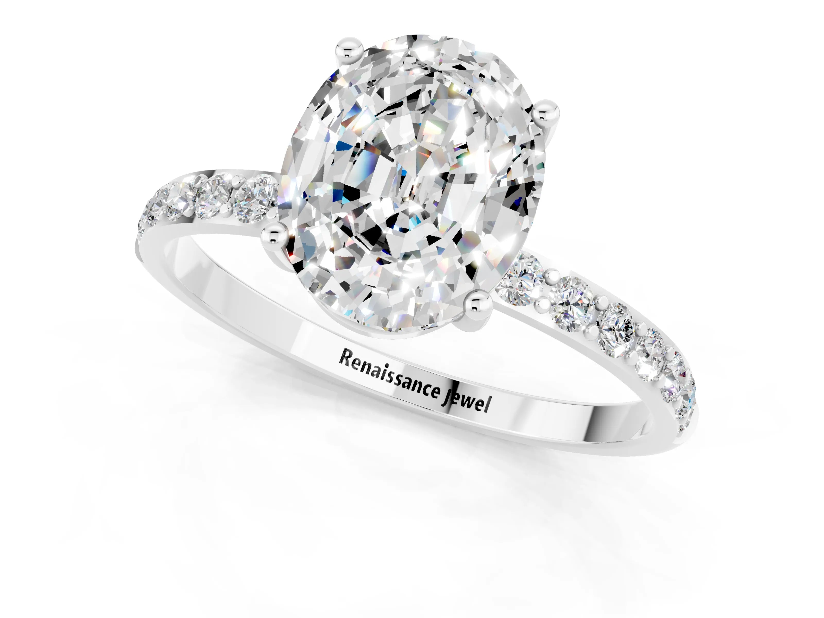 White gold Oval Cut Moissanite Solitaire Ring with Pave Band and Four Prong Setting_25