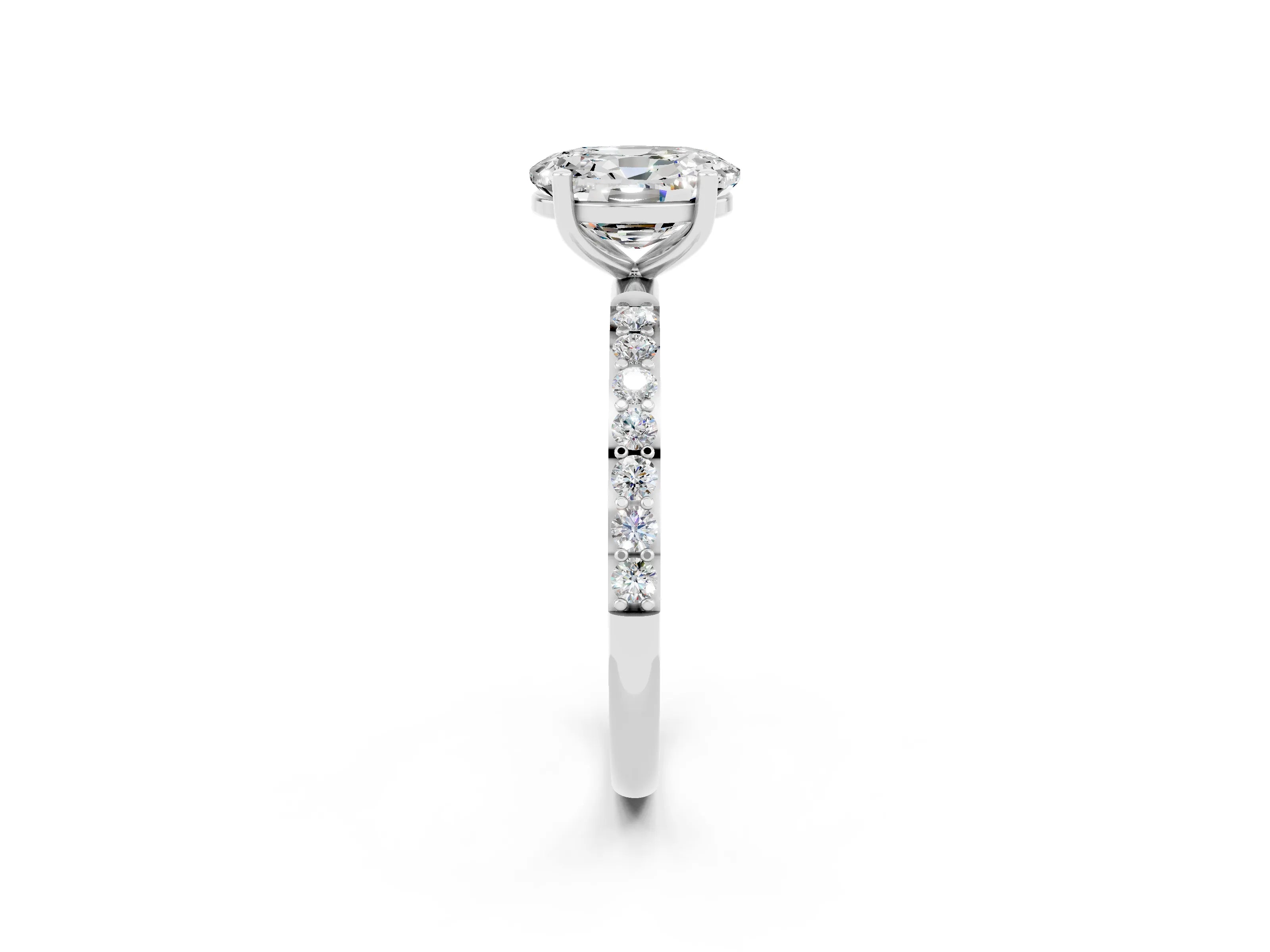 White gold Oval Cut Moissanite Solitaire Ring with Pave Band and Four Prong Setting_26
