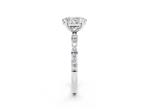 Silver Oval Cut Moissanite Solitaire Ring with Round  Pavé Band and Prong Setting