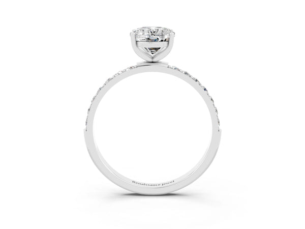 Silver Oval Cut Moissanite Solitaire Ring with Round  Pavé Band and Prong Setting