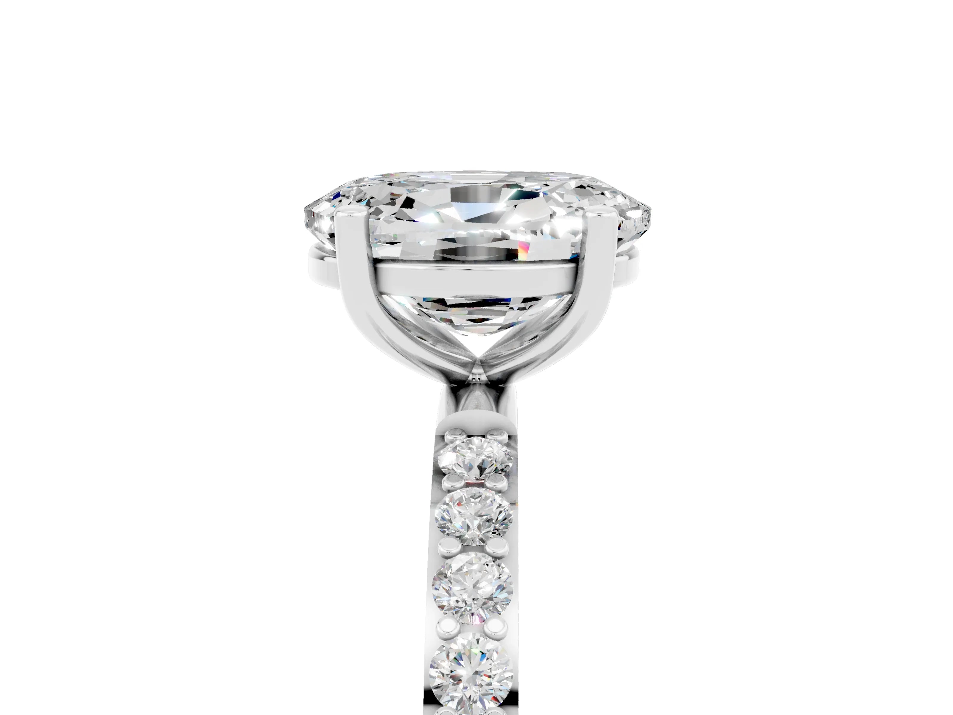 White gold Oval Cut Moissanite Solitaire Ring with Pave Band and Four Prong Setting_29